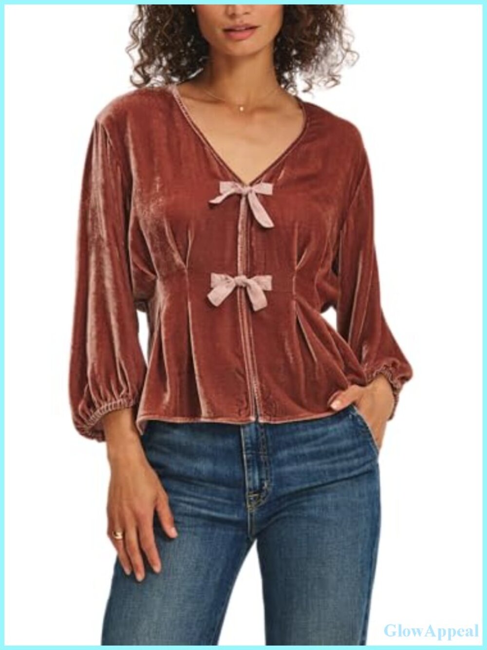 Velvet & Satin Mix Media V-Neck Puff Sleeve Blouse